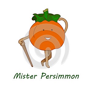 Persimmon in doodle style. Cute mister persimmon with cane in bright colors