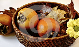 persimmon flower leaf casket box background close-up