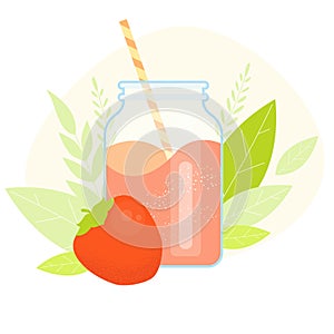 Persimmon Milk shake vector flat illustration. Cartoon glass and straw with kaki milkshake