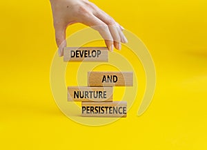 Persistence and development symbol. Wooden blocks with words Develop and nurture persistence. Businessman hand. Beautiful yellow