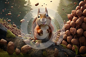 Persistent Squirrel eat nuts forest. Generate Ai