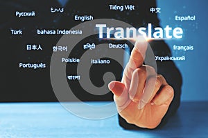 Person abstractly presses on the display with the word translate and foreign languages photo