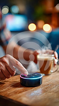 Person activating a smart home voice assistant device with a glowing ring in a modern home environment