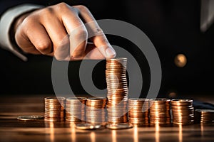 A person adding a coin to a growing stack on a financial graph