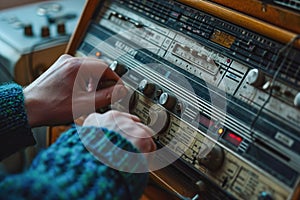 A person adjusting the knobs on an analog radio