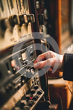 A person adjusting the knobs on an analog radio