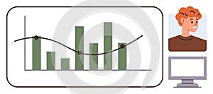 Person Analyzing Bar and Line Chart Data on Computer Screen