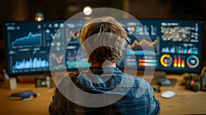 Person analyzing complex data on multiple glowing computer screens in a dimly lit office