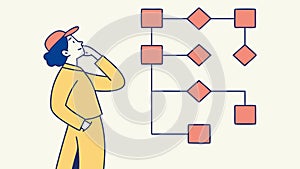 Person Analyzing Complex Flowchart, Problem Solving, Data Analysis, vector design Generative AI