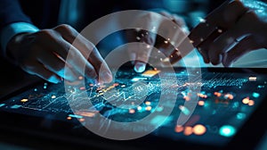 Person analyzing data and digital interface on a touchscreen device