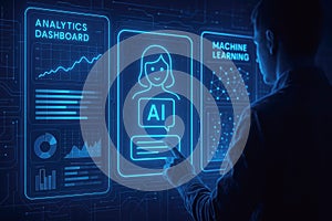 Person Analyzing Data on a Futuristic AI Analytics Dashboard with Machine Learning Visualizations artificial intelligence