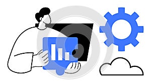 Person Analyzing Data with a Gear and Cloud Symbolizing Process and Connectivity