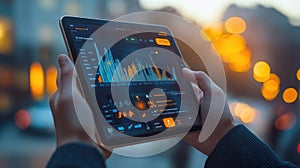 Person analyzing financial data on tablet in city