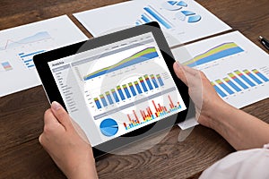 Person Analyzing Financial Statistics On Digital Tablet