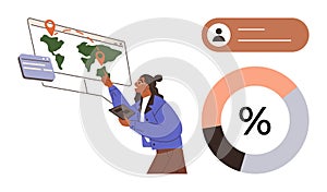 Person Analyzing Global Map and Data Using a Tablet with Charts and Graphs