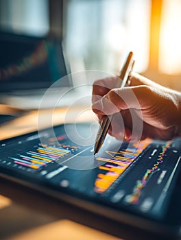 Person analyzing graphical data on a tablet with a stylus in a bright workspace