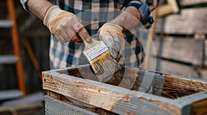 Person applying varnish to wooden planks with a paintbrush. Woodworking and crafts concept