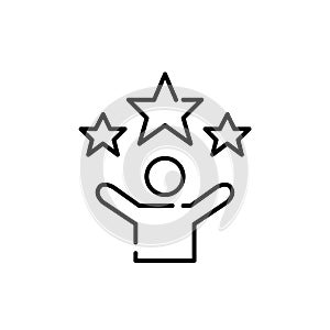 Person with arms raised in triumph, stars, representing victorious career journey. Pixel perfect vector icon