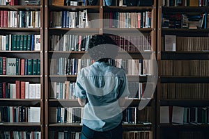 Person arranges books, fostering orderly environment for study and planning