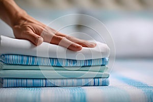 Person arranging a neatly folded stack of blue and white striped and solid fabric sheets on a bed with a cozy background setting
