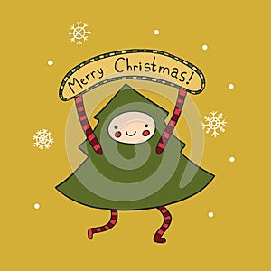 Person as tree holding text Merry Christmas vector character