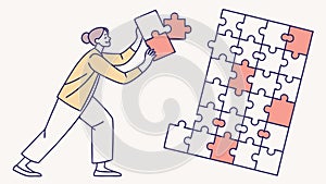Person assembling a complex jigsaw puzzle, symbolizing problem-solving, vector design Generative AI