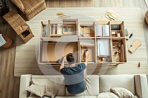 A person assembling flat-pack furniture with instructions