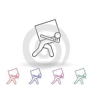 The person is assiduous on his back carrying a box multi color icon. Simple thin line, outline vector of carrying and picking a