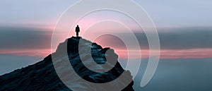 A person atop a mountaineer's peak, sunsetting behind Another person stands concurrently atop the same mountain