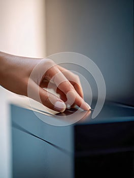 Person using fingerprint recognition scanner on sleek modern device for biometric security and access control in a technology-