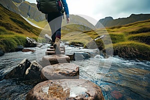 person with backpack crossing a mountain stream on stepping stones