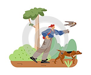 Person with backpack and hawking glove hunting with falcon bird and dog in the forest, cartoon vector Falconry training