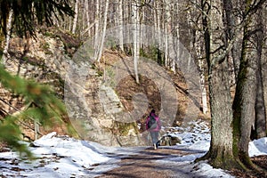 .A person with a backpack walking along a trail in a snowy forest along a cliff face