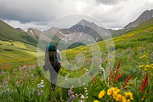 person with backpack walking through wildflowers with mountains