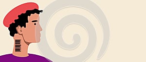 Person with barcode, copy space template, Flat vector stock illustration as a concept of human recognition with a code for a