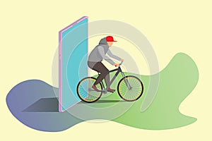 A person on a Bicycle rides out of a mobile phone, the concept of abandoning digital addiction, a simple vector design