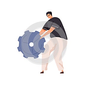 Person with big cogwheel in hands as symbol of technical works. Man holding metal gear. Concept of configuration settings and