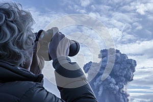 person with binoculars observing ash plume