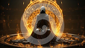 A person in a black robe sitting in front of a circle of lights