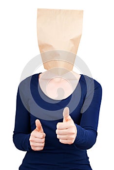 Person with blank paper bag head