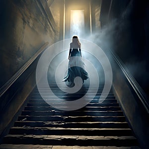 a person in blue dress walking up some stairs and some stairs