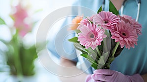 Person in blue scrubs holding a bouquet of pink gerbera daisies, with a soft-focus background