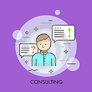 Person in blue shirt or manager and speech bubble with question and exclamation marks. Business consulting service