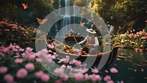 person in a boat A fantasy boatman punting a boat on a river of flowers, with waterfalls, butterflies, and fairies.