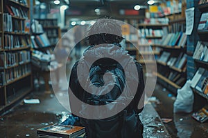 Person in bookstore with fallen book