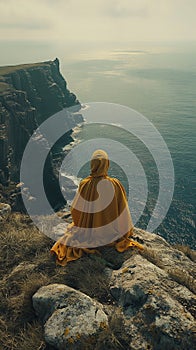 Person in bright yellow cloak seated on cliff overlooking vast ocean contemplation