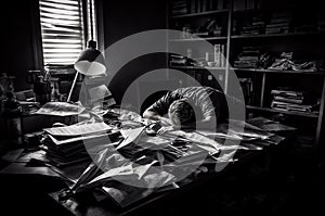 A person buried in paperwork, asleep at a cluttered desk - burnout concept