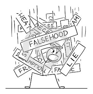 Person Buried Under Lies and Falsehood , Vector Cartoon Stick Figure Illustration
