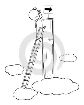 Person or Businessman Climbing on the Top, But Success is Elsewhere, Vector Cartoon Stick Figure Illustration