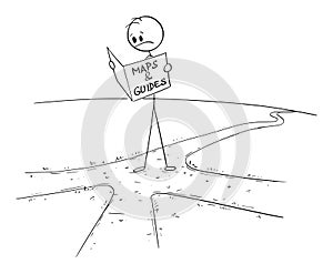 Person or Businessman on Crossroad Looking in Map , Vector Cartoon Stick Figure Illustration